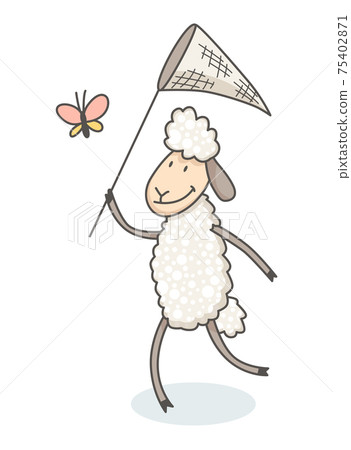 Funny cute white sheep in hand drawn style who catch a butterfly with a net. Childish creative print for decoration or card. Vector graphic design element for kids poster Funny cute white sheep in hand drawn style who catch a butterfly with a net. Childish creative print for decoration or card. Vector graphic design element for kids poster 75402871