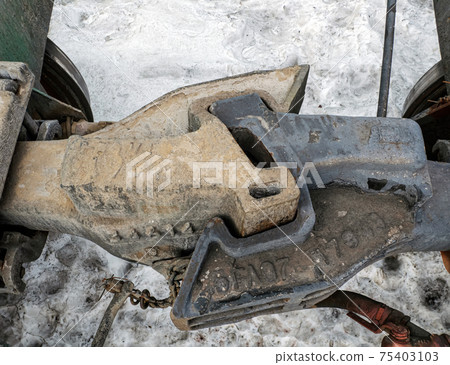 A Railway Coupler between freight cars. End view of coupler, with release lever. Close-up. Directly above. A Railway Coupler between freight cars. End view of coupler, with release lever. Close-up. Directly above. 75403103