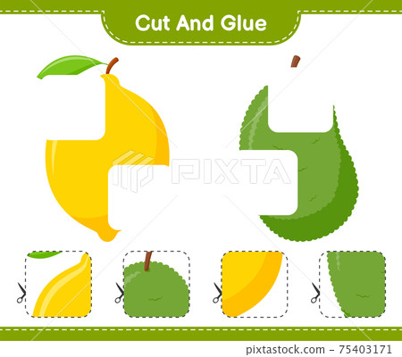 Cut and glue, cut parts of Fruits and glue them. Educational children game, printable worksheet, vector illustration Cut and glue, cut parts of Fruits and glue them. Educational children game, printable worksheet, vector illustration 75403171