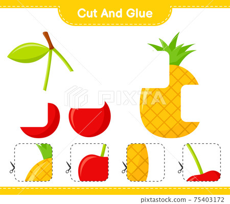 Cut and glue, cut parts of Fruits and glue them. Educational children game, printable worksheet, vector illustration Cut and glue, cut parts of Fruits and glue them. Educational children game, printable worksheet, vector illustration 75403172