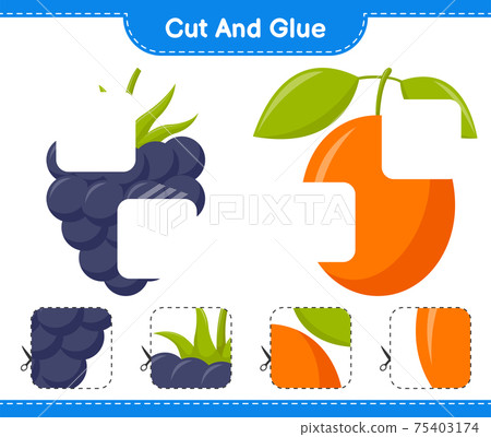 Cut and glue, cut parts of Fruits and glue them. Educational children game, printable worksheet, vector illustration Cut and glue, cut parts of Fruits and glue them. Educational children game, printable worksheet, vector illustration 75403174