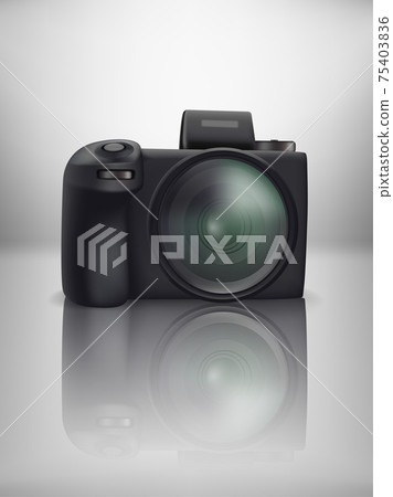 Black modern mirrorless digital camera on glass table Black modern mirrorless digital camera on glass table 75403836