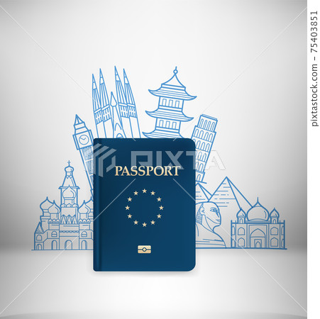Travel illustration with blue passport. Vector illustration with famous monuments Travel illustration with blue passport. Vector illustration with famous monuments 75403851