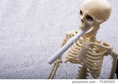 Human skeleton model posing with cigarette in mauth for medical anatomy science 75405005