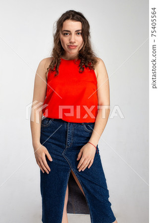 White european young woman isolated on gray White european young woman isolated on gray 75405564