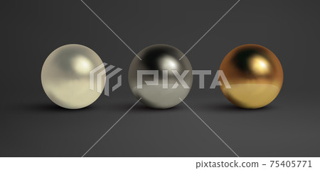 Abstract metal balls set. Pearl, black metal,brass,silver. Vector golden sphere isolated object on black. Chrome sphere silver metal ball. Abstract metal balls set. Pearl, black metal,brass,silver. Vector golden sphere isolated object on black. Chrome sphere silver metal ball. 75405771