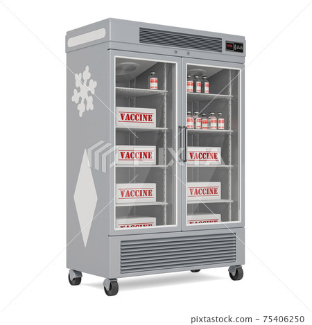 Glass Door Pharmacy Refrigerator with vaccine ampoules, 3D rendering 75406250