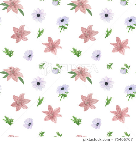 Lily flower of delicate dusky pink color, white anemones, leaves seamless pattern, hand drawn watercolor illustration simple drawing for St Valentine decor, greeting cards, gift paper, textile, fabric 75406707