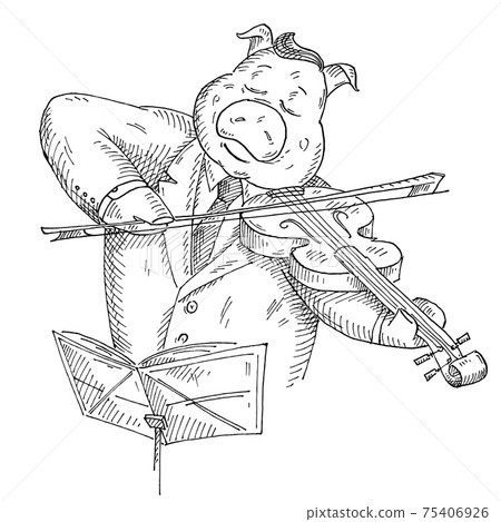 Pig play the violin. Vintage monochrome hatching illustration 75406926