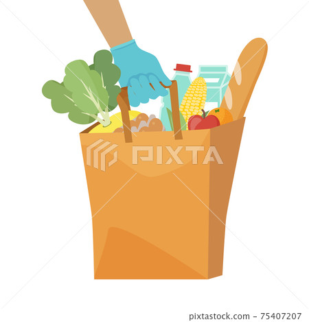 Couriers hand in blue protective glove holding delivery paper bag with food isolated on white background. Flat vector illustration. Safe food delivery to home and office during covid-19 quarantine. Couriers hand in blue protective glove holding delivery paper bag with food isolated on white background. Flat vector illustration. Safe food delivery to home and office during covid-19 quarantine. 75407207