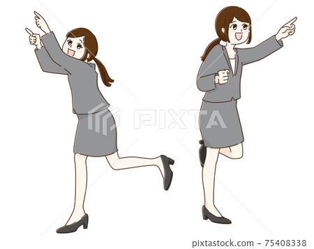 一組兩個女人用過度運動指著他們的手指 75408338