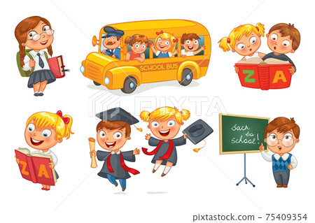 Back to school. Pupils in school uniform. Children ride the school bus. Schoolgirl reading a book. Schoolboy writing on the chalkboard. Vector illustration isolated on white background. Set Back to school. Pupils in school uniform. Children ride the school bus. Schoolgirl reading a book. Schoolboy writing on the chalkboard. Vector illustration isolated on white background. Set 75409354