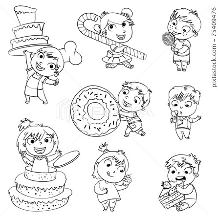 Cute toddler boy eating ice-cream. Boy soiled himself cake. Pastry chef brings sweetness. Pretty girl jump out of a large birthday cake. Funny cartoon character. Vector illustration. Coloring book 75409476