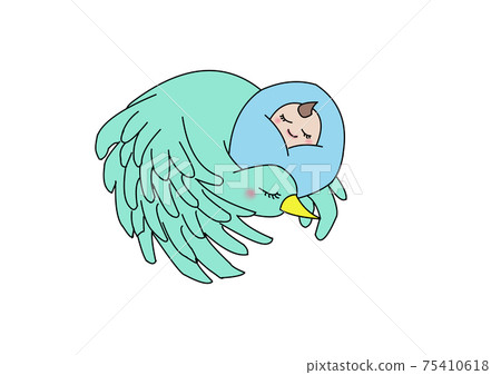 Baby in a blue swaddle wrapped in a green stork Baby in a blue swaddle wrapped in a green stork 75410618