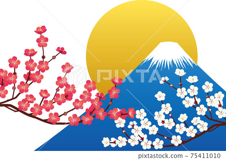 富士山，紅梅，白梅和太陽矢量素材 75411010