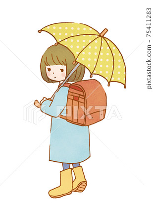 在一個雨天打著學校傘的女孩的插圖 75411283