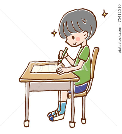 一個男孩在辦公桌前學習的插圖 一個男孩在辦公桌前學習的插圖 75411510