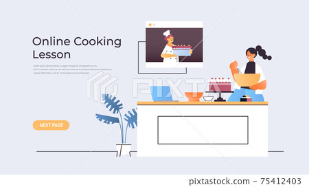 woman preparing cake while watching video tutorial with chef in web browser window online cooking lesson 75412403