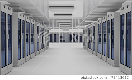 Server room data center. Backup, mining, hosting, mainframe, farm and computer rack with storage information. 3d render Server room data center. Backup, mining, hosting, mainframe, farm and computer rack with storage information. 3d render 75413612