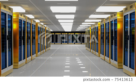 Server room data center. Backup, mining, hosting, mainframe, farm and computer rack with storage information. 3d render 75413613