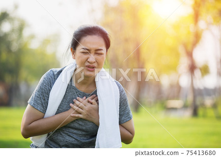 asian elderly or senior woman accident falling down touching chest having painful. asian elderly or senior woman accident falling down touching chest having painful. 75413680