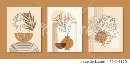 Set of Abstract Boho Illustration with Antique Statue, Geometric Shapes and Vases in a Minimal Trendy Style. Vector 75414110