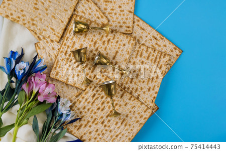 Four cups for wine with matzah Jewish holidays Passover Four cups for wine with matzah Jewish holidays Passover 75414443
