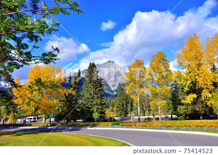 Cascade Mountain and Banff cityscape seen from Cascade Garden 75414523