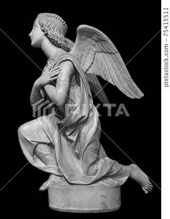 Angel statue isolated on black background. White stone sculpture of praying cherub Angel statue isolated on black background. White stone sculpture of praying cherub 75415511