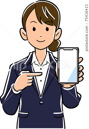 穿著西裝拿著智能手機,指著屏幕的女人 穿著西裝拿著智能手機,指著屏幕的女人 75416415