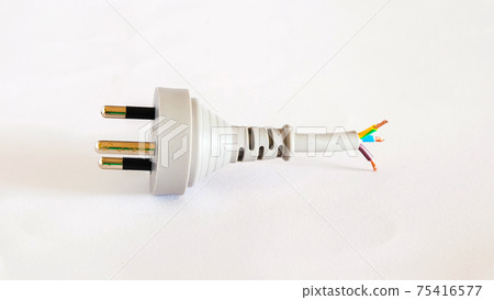 Damage male plug for electricity wire on white background. Damage male plug for electricity wire on white background. 75416577