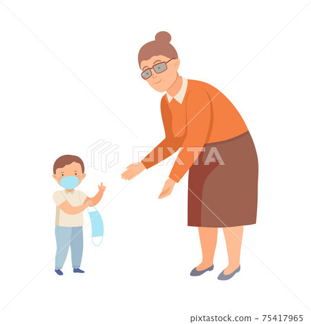 Little Boy in Face Mask Sharing Protective Mask with Senior Woman Vector Illustration 75417965