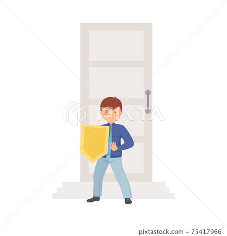 Cute Boy Character Standing with Shield Near His Home Door Protecting His Family Vector Illustration 75417966