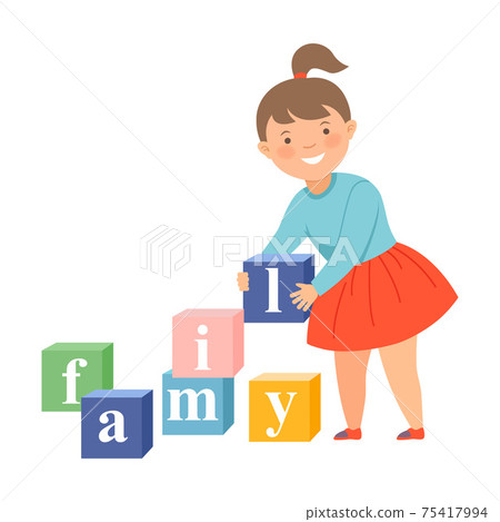 Little Girl Gathering Family Word from Toy Blocks Vector Illustration Little Girl Gathering Family Word from Toy Blocks Vector Illustration 75417994