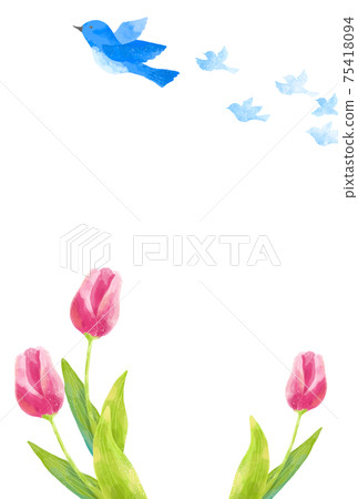 A frame of blue birds and tulips carrying happiness with a gentle touch A frame of blue birds and tulips carrying happiness with a gentle touch 75418094