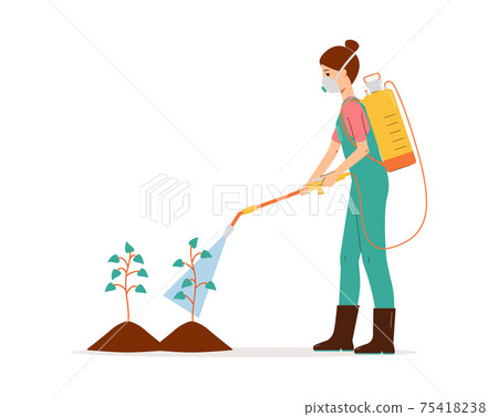 Person spraying chemical pesticide on plants. Cartoon agriculture worker 75418238