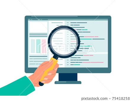 Programmers hand with magnifier checking code flat vector illustration isolated. 75418258