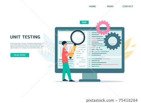 Unit testing web page design with tiny man character flat vector illustration. 75418284