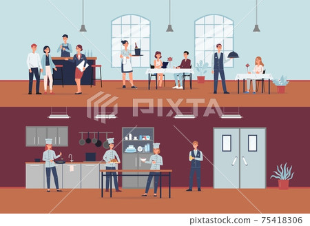 Restaurant kitchen and hall with cooks and waiters, flat vector illustration. 75418306