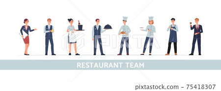Restaurant team of chefs cooks and waiters, managers flat vector illustration. 75418307