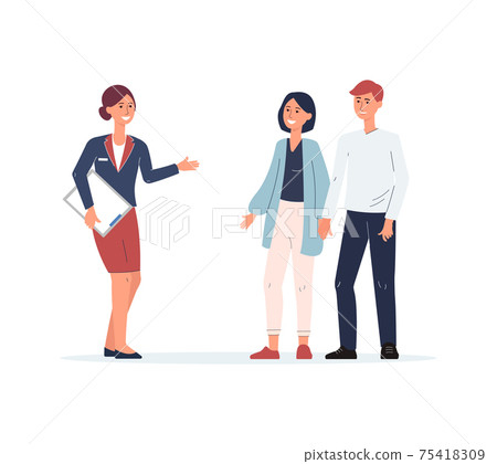 Restaurant or cafe staff is service young couple a flat vector illustration. 75418309