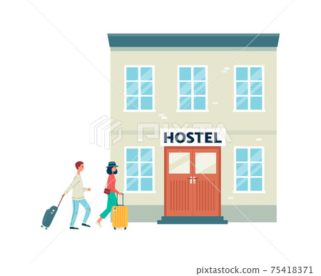 Couple travelers, tourists or students goes in hostel a vector illustration. Couple travelers, tourists or students goes in hostel a vector illustration. 75418371