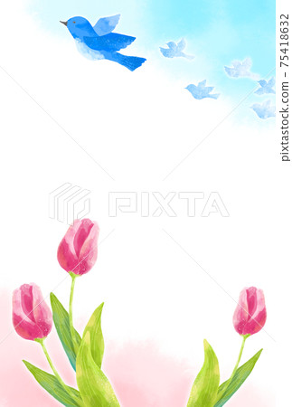 A frame of blue birds and tulips carrying happiness with a gentle touch A frame of blue birds and tulips carrying happiness with a gentle touch 75418632