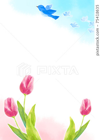 A frame of blue birds and tulips carrying happiness with a gentle touch 75418635