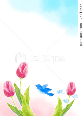 A frame of blue birds and tulips carrying happiness with a gentle touch A frame of blue birds and tulips carrying happiness with a gentle touch 75418637