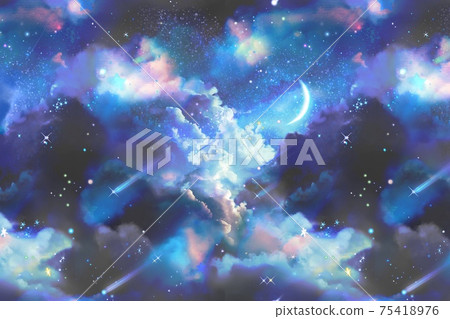 漂浮在太空銀河中的雲海，流星，行星和月亮的科幻風格背景插圖 75418976