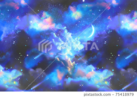 漂浮在太空銀河中的雲海，流星，行星和月亮的科幻風格背景插圖 75418979