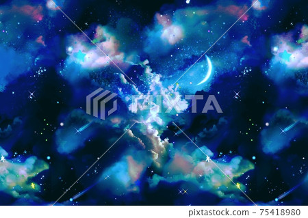 漂浮在太空銀河中的雲海，流星，行星和月亮的科幻風格背景插圖 75418980