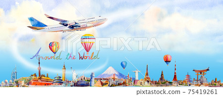 Travel to world. Watercolor painting illustration. 75419261