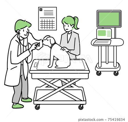 Two people who treat a large dog at a veterinary hospital Two people who treat a large dog at a veterinary hospital 75419834